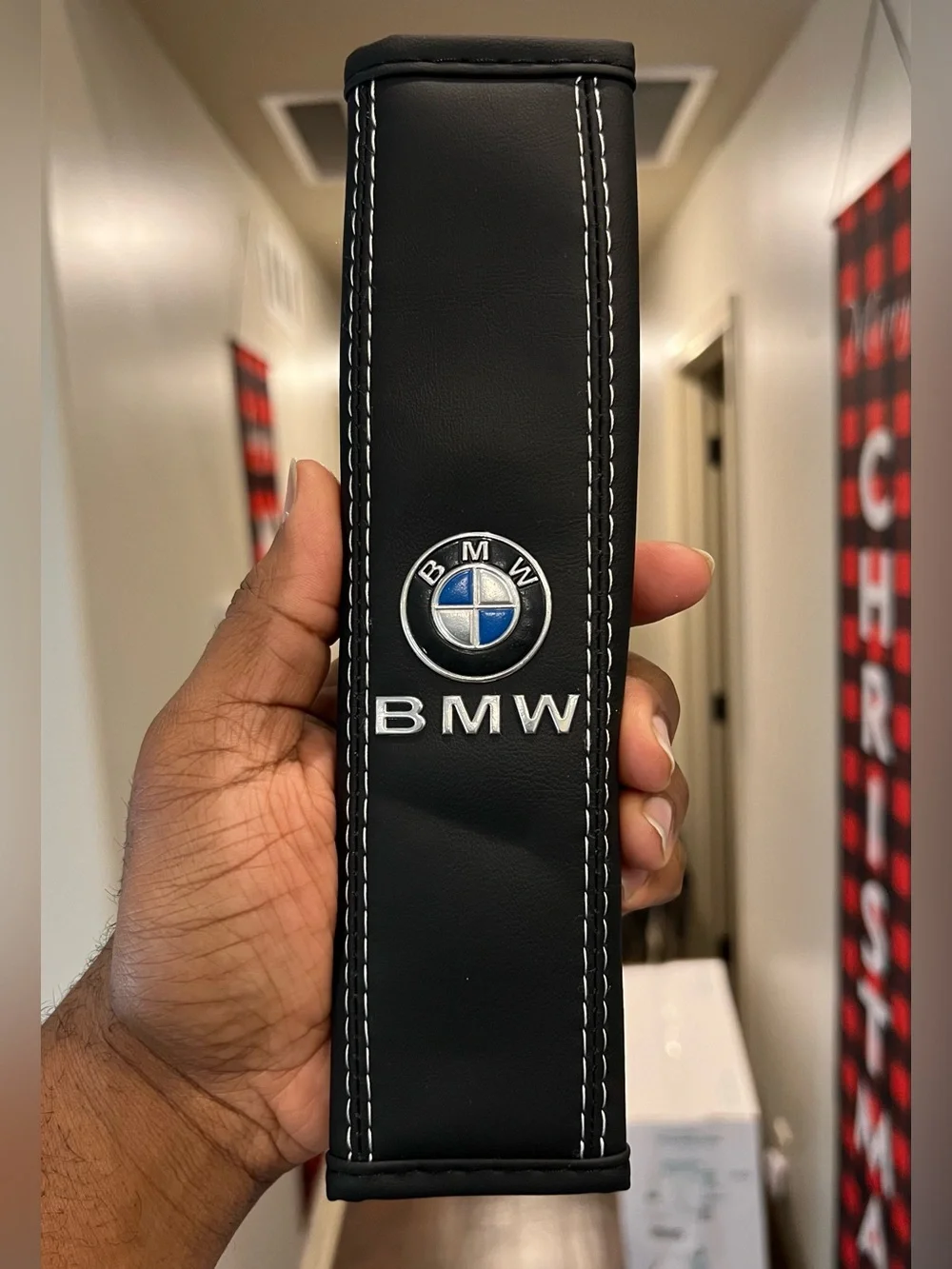 BMW Black Leather, Silver & Blue Seat Belt Shoulder Cushion Pads